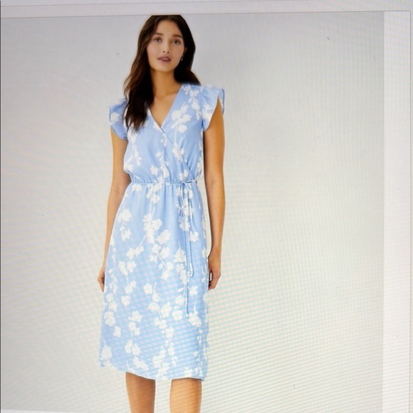 Ann Taylor Blue Floral Wrap Midi Dress 10 - Picture 1 of 10